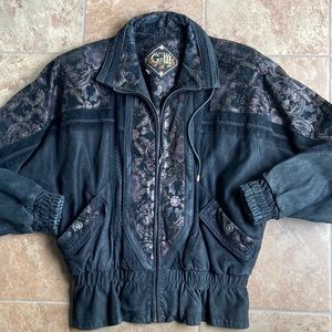 G-III Vintage 80s Decorative Floral Leather Zip Up Jacket Black Size medium